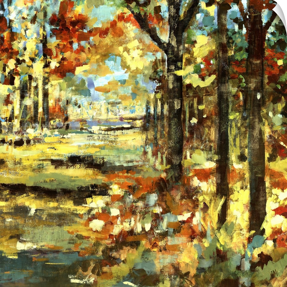 Square painting of a fall landscape made up of fat and short brushstrokes of color.