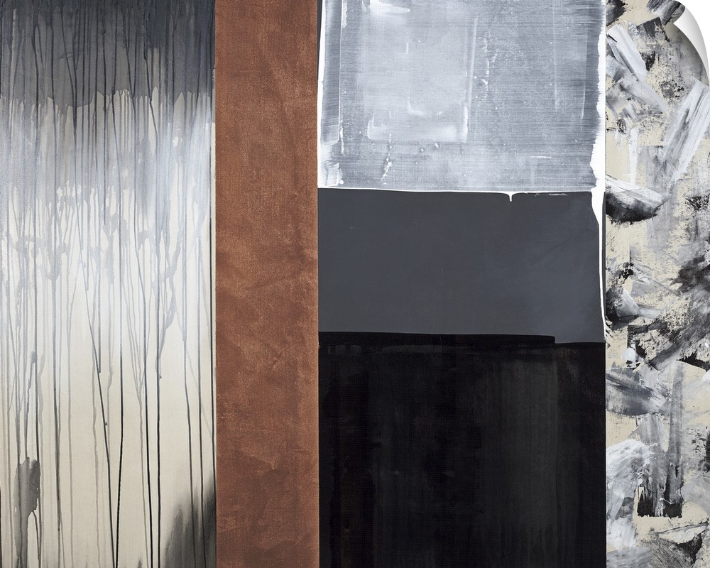 Contemporary abstract painting made into sections of color and designs with brown, gray, and black hues.