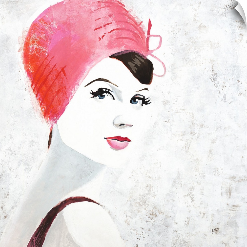Square painting of a woman with pink lips and a pink hat on a white background with gray and gold splotches.