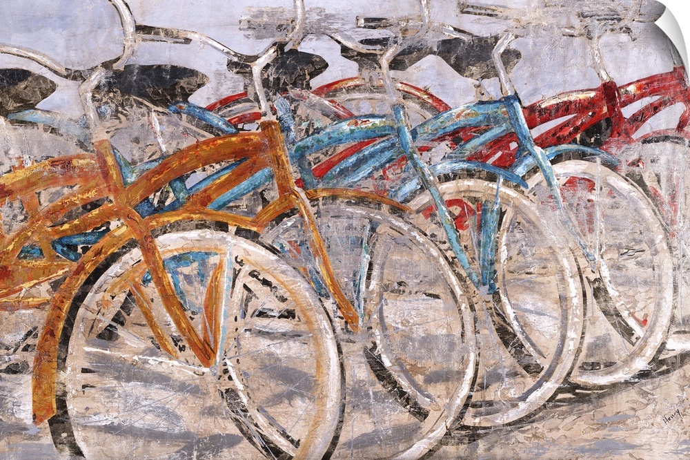 Contemporary painting with orange, blue, and red bicycles parked in a line.