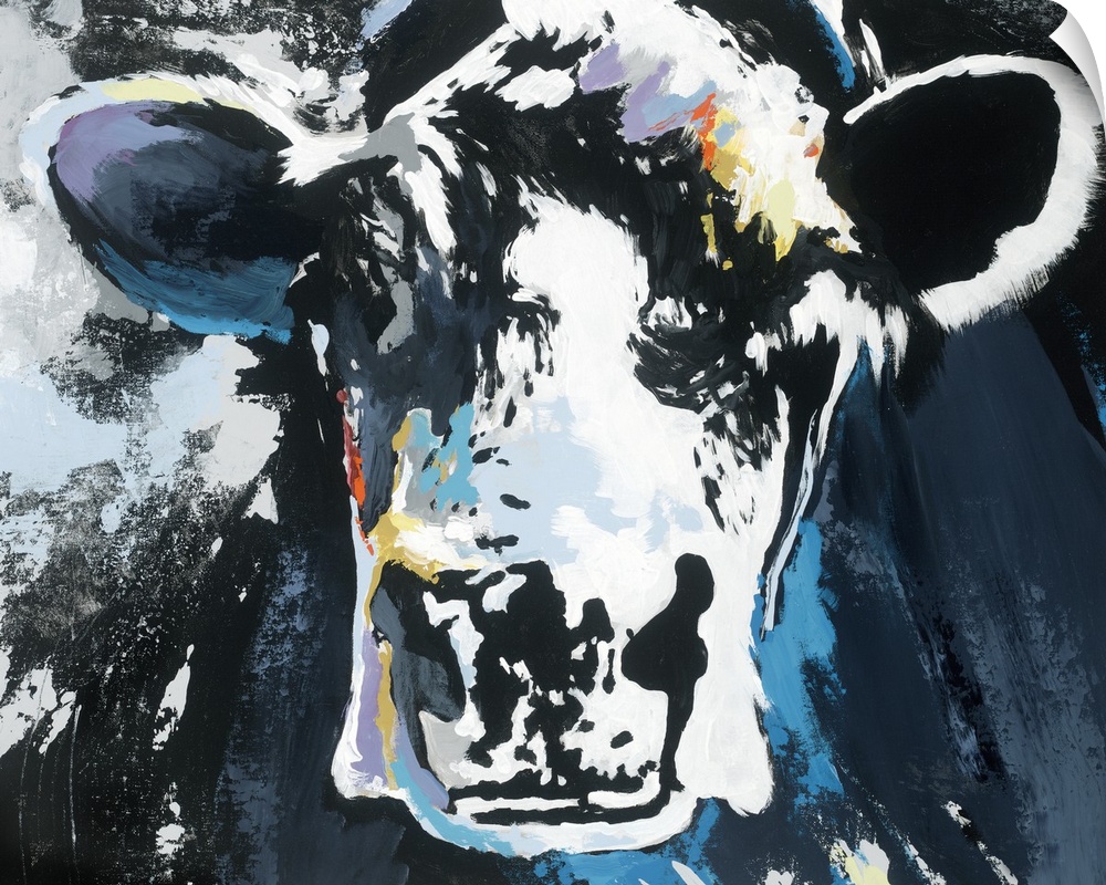 Abstract painting of a cow with shades of blue and white and small pops of purple, yellow, and orange.
