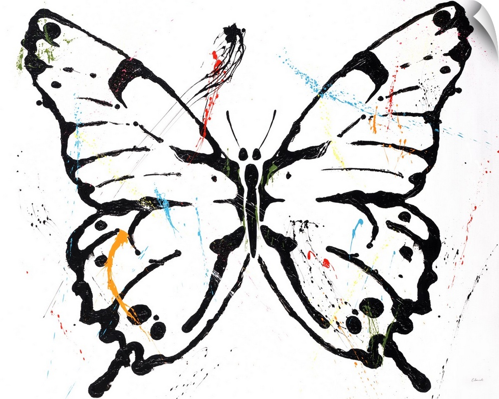 Black outlined butterfly with colorful paint splatter on top on a white background.