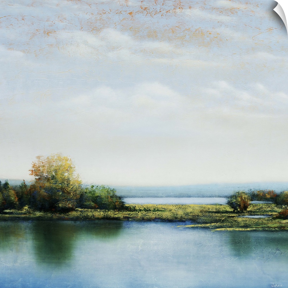 Landscape painting of shrubs and greenery in a marsh, surrounded by calm waters, beneath a light partly cloudy sky.