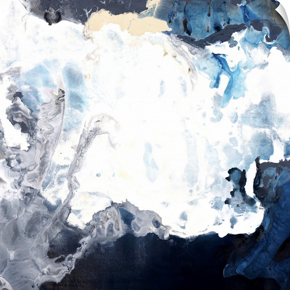 Contemporary abstract artwork in white and dark blue resembling crashing waves.