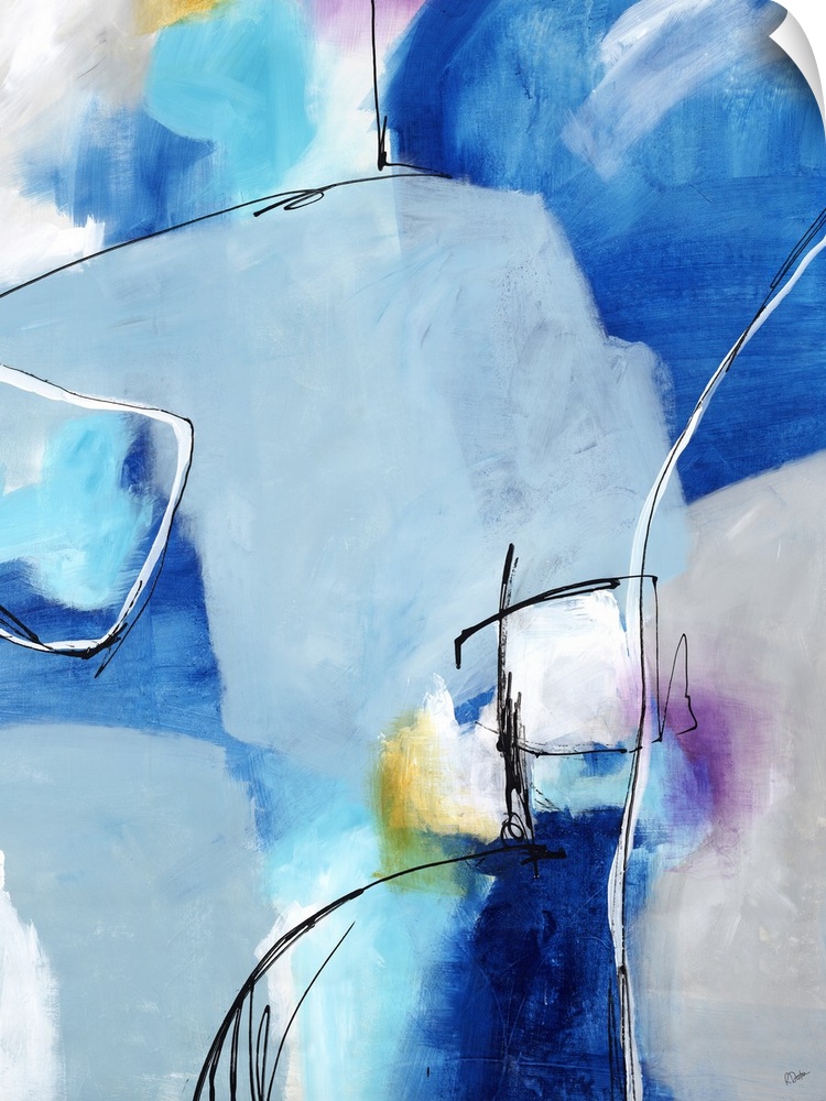 Contemporary abstract painting using blue tones and thin white lines sectioning off shapes.
