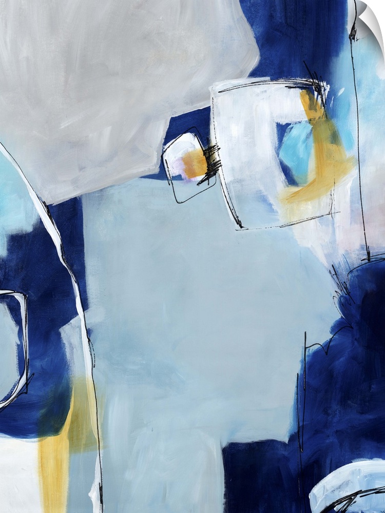 Contemporary abstract painting using blue tones and thin white lines sectioning off shapes.