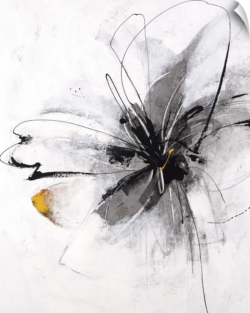 Painting of a single flower in bloom in gray.