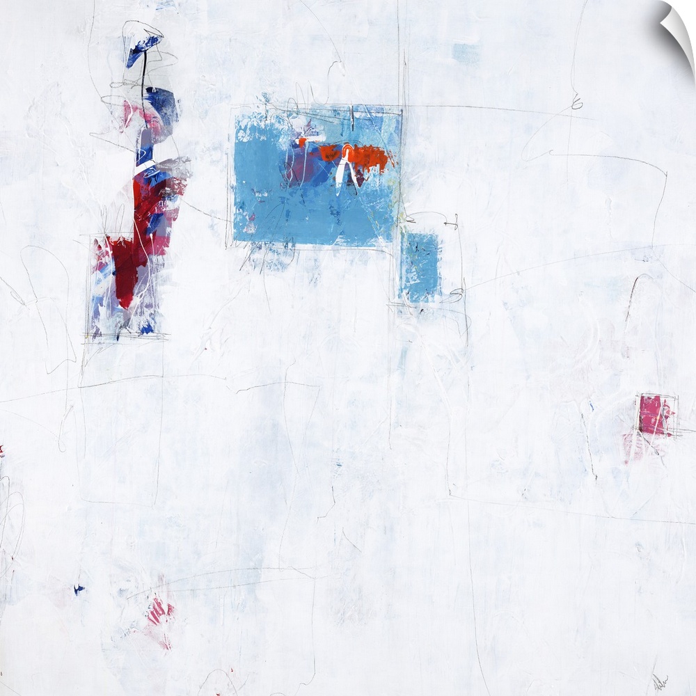 Contemporary abstract painting using splashes of vibrant blue and red against a neutral environment.