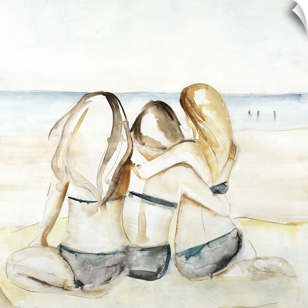 Square watercolor painting of three girls in bikinis sitting next to each other on the beach looking towards the ocean.