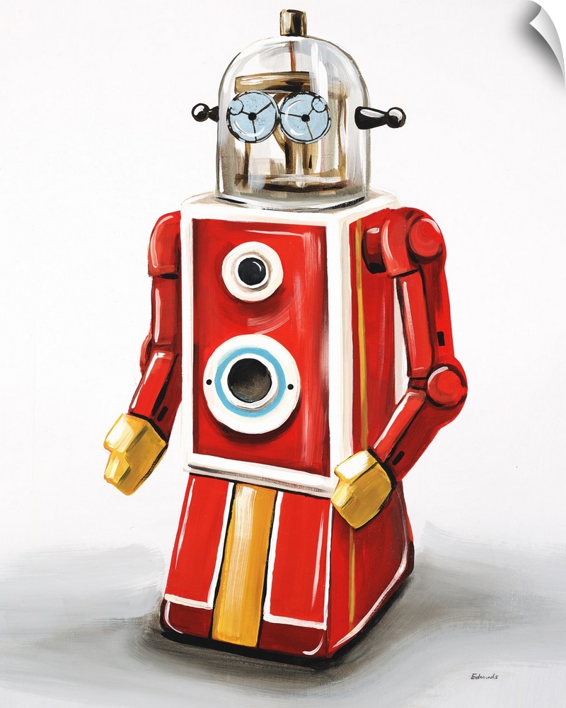 Contemporary painting of a red and yellow robot with blue eyes on a white and gray background.