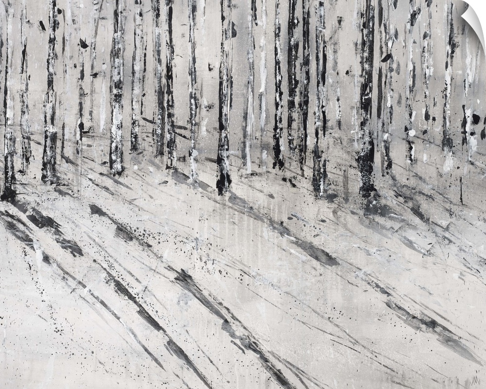 Contemporary painting of a birch forest casting long shadows.
