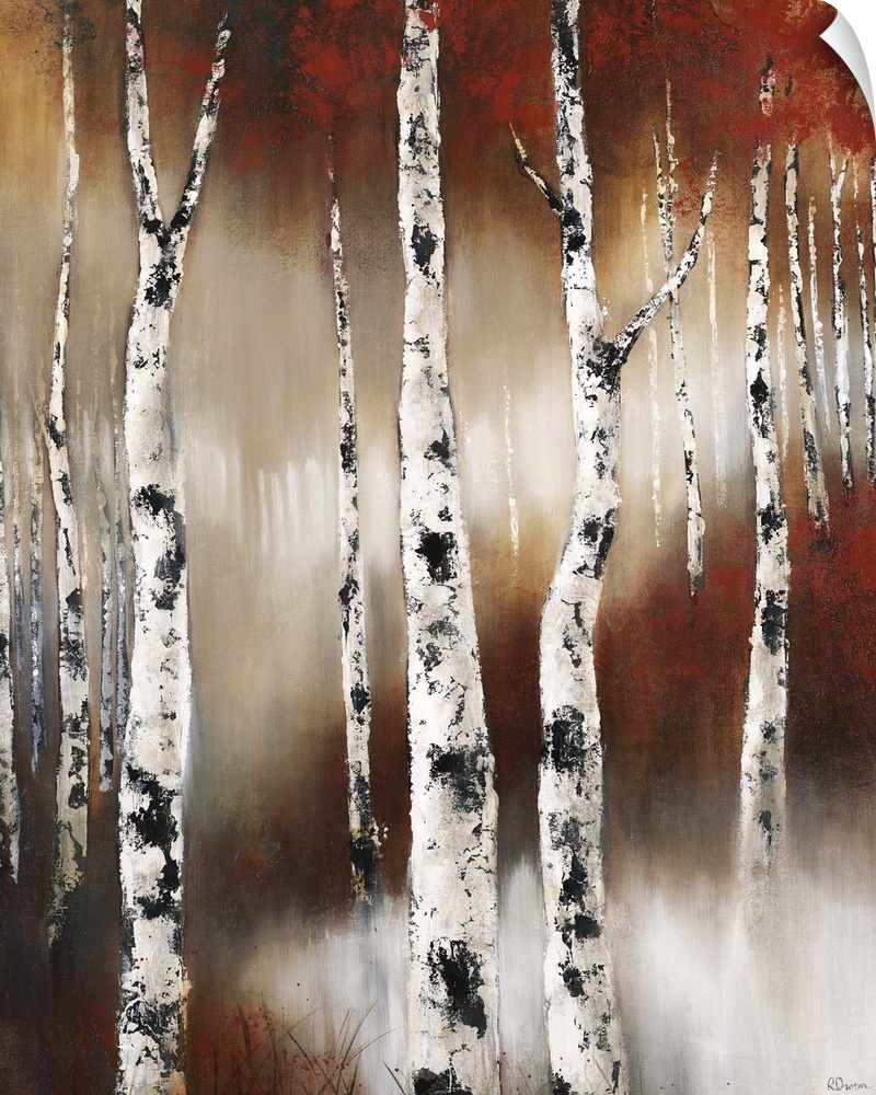 Contemporary painting of birch trees in a forest in the fall.