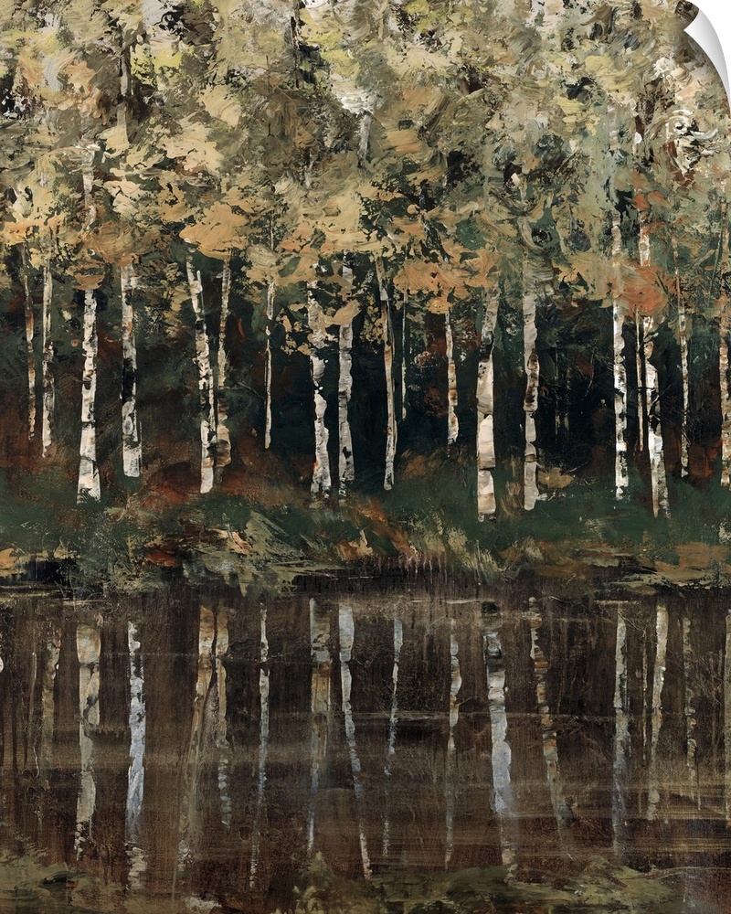 Artwork of birch trees near the shores of a lake in mostly neutral tones.