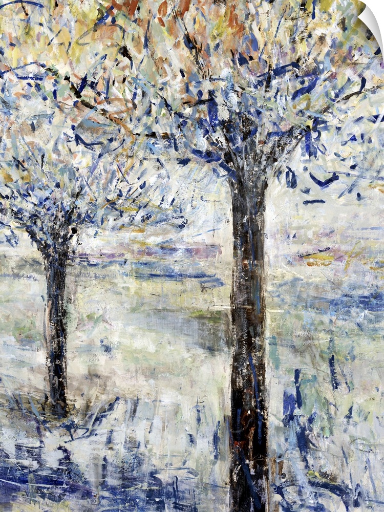 Vertical contemporary painting of two trees in textured brush strokes.
