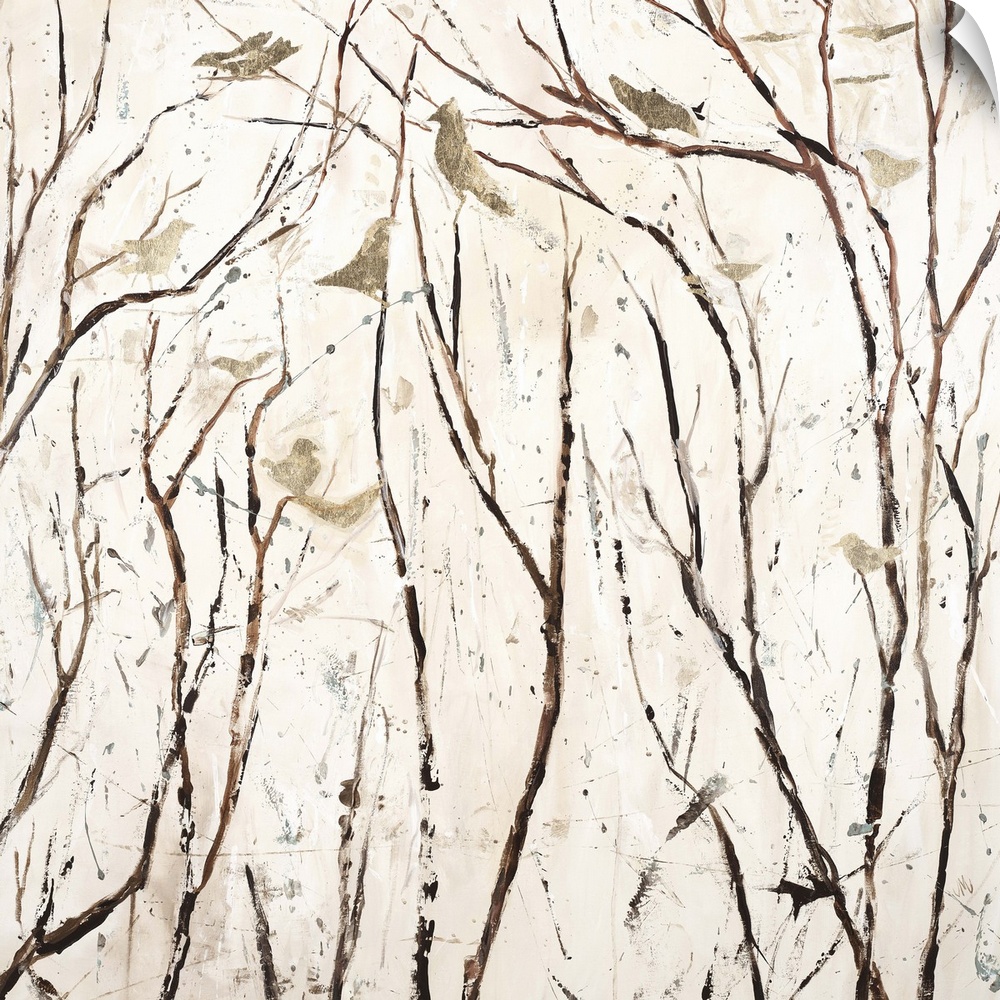 Square painting in neutral white and brown hues with gold birds perched on bare branches.