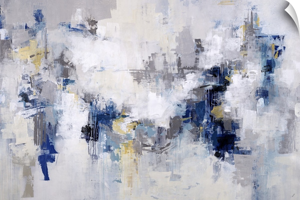 Abstract painting in shades of white and light gray with accents of blue throughout.