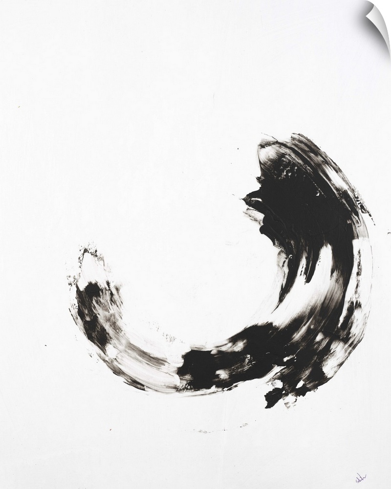 Minimalist abstract painting with a black curved brushstroke in the middle of a white background.