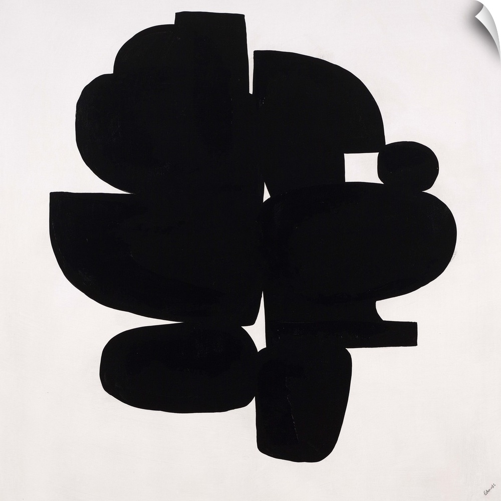 Contemporary abstract painting of dense black organic shapes huddled together.