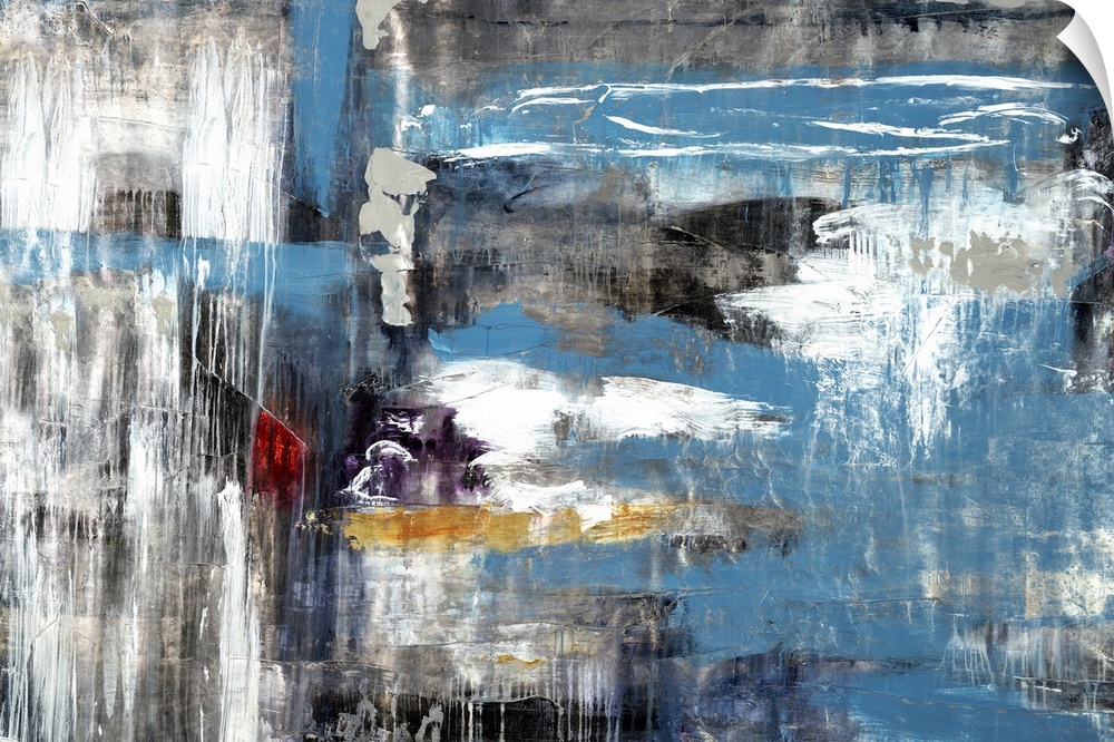 Contemporary abstract painting using blue and gray tones smeared together and washed looking.