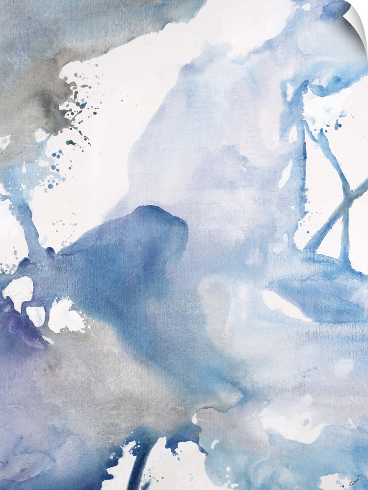 Abstract watercolor painting of swirling cool tones that connect with thin lines or soft color transitions.