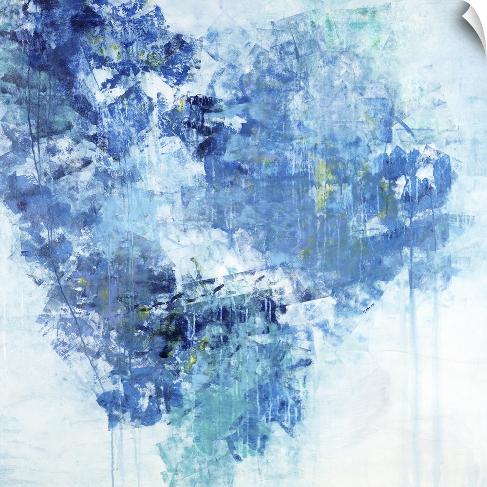 Abstract painting of textured brush strokes in shades of blue in the shape of a heart.