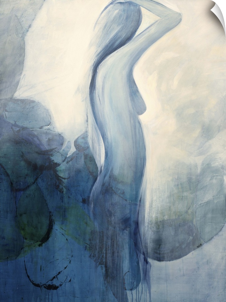 Contemporary artwork of a nude woman in blue standing tall.