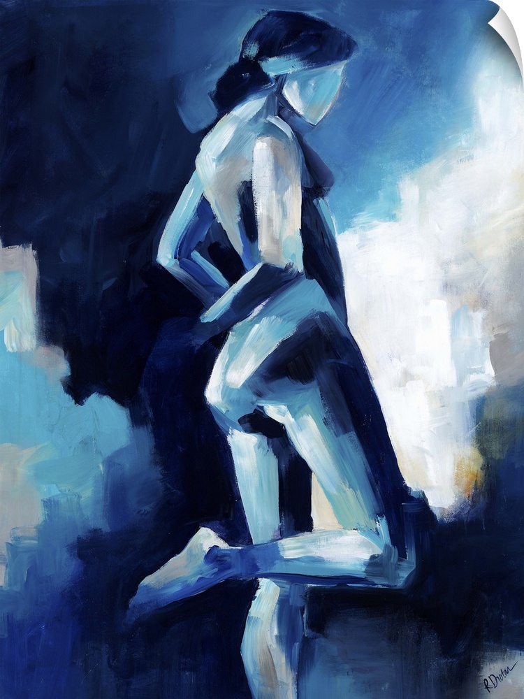 Contemporary figurative painting in blue tones ranging from light to dark of a nude woman standing with her right leg bent...
