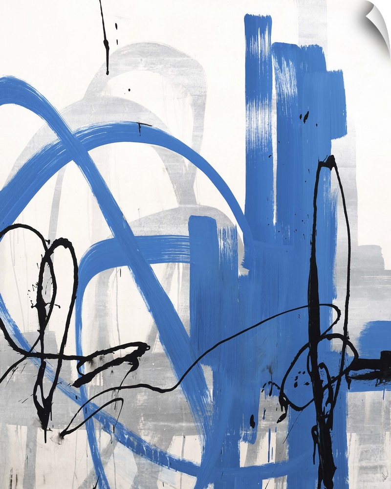 Contemporary abstract painting of a neutral background with blue and black exaggerated lines.