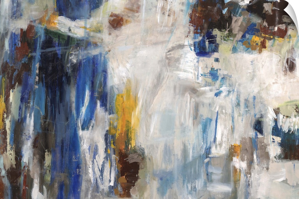 Abstract contemporary artwork in white and blue, with golden pops of color.