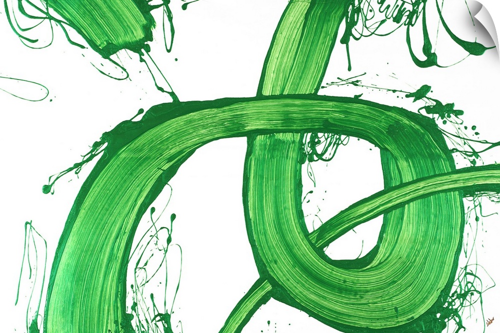 Large abstract painting with bright looping green brushstrokes on a white background with some paint splatter and thin lines.