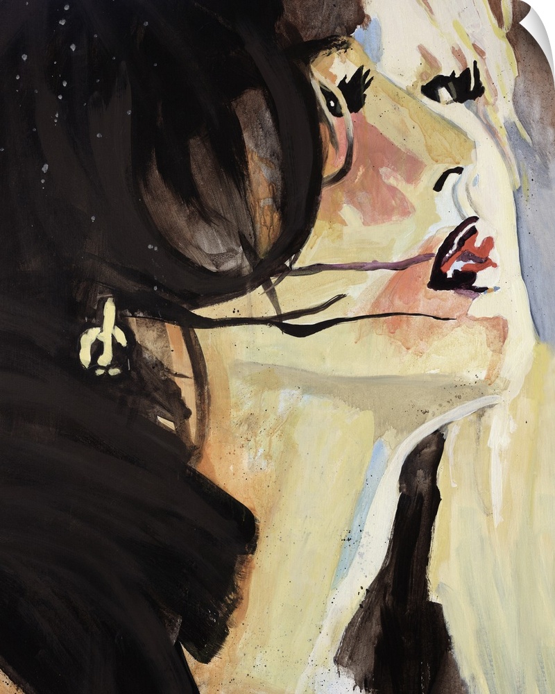This contemporary artwork is a portrait of a woman drawn with dark hair and heavy make up on her face.