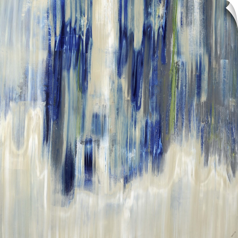 Contemporary abstract painting using blue and neutral tones.