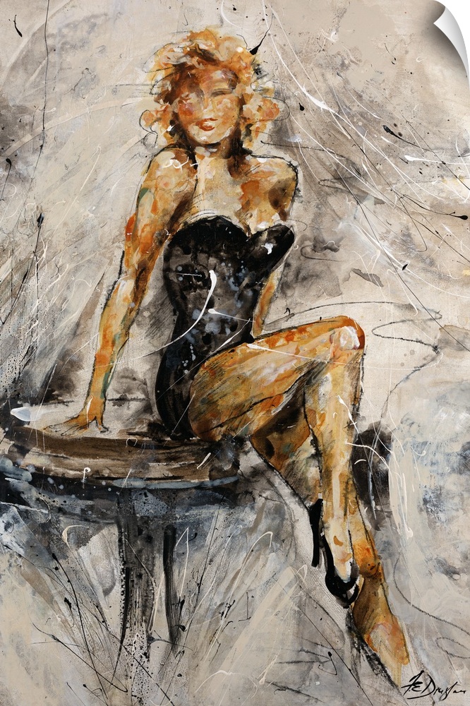 An abstract take on the pin up girl, sporadic streaks of paint illustrate a blonde woman in a corset posed alluringly on a...
