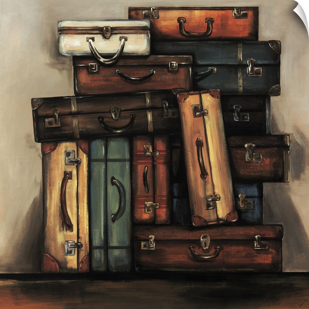 Painting of a an assortment of multicolored vintage suitcases stacked together in front of a neutral toned wall.
