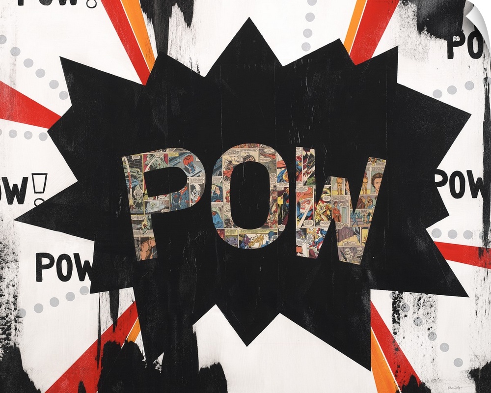 Superhero art created with mixed media of a POW star with the letters made with colorful comic book cut outs.