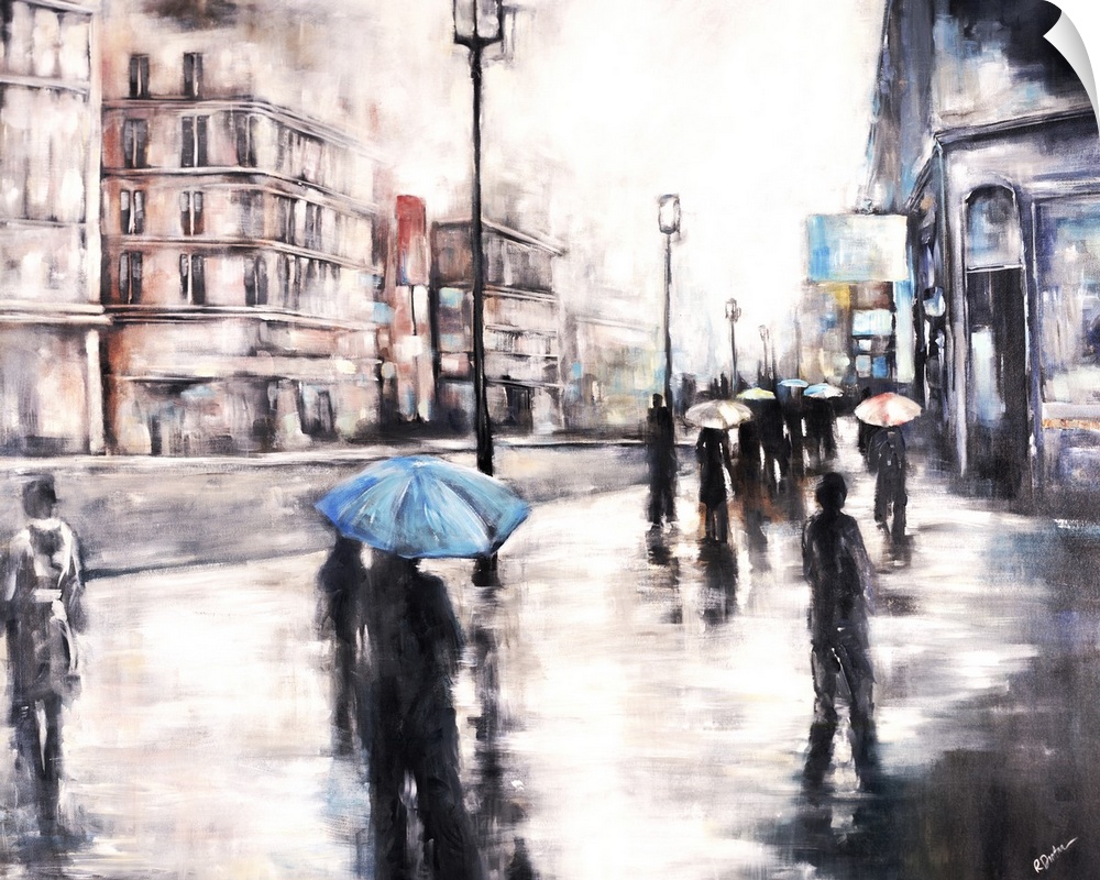 Contemporary painting of a rainy cityscape with people holding umbrellas as they walk through the streets.