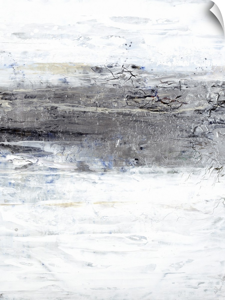 Abstract painting of textured brush strokes with a silver horizontal line in the center.