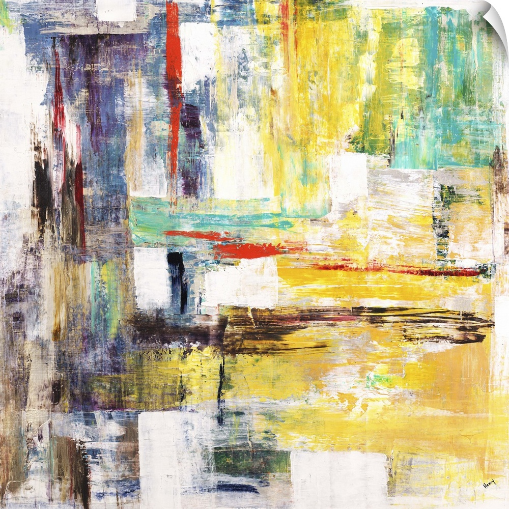 Contemporary abstract painting using vibrant yellow and green tones mixed with earth tones against a white background.