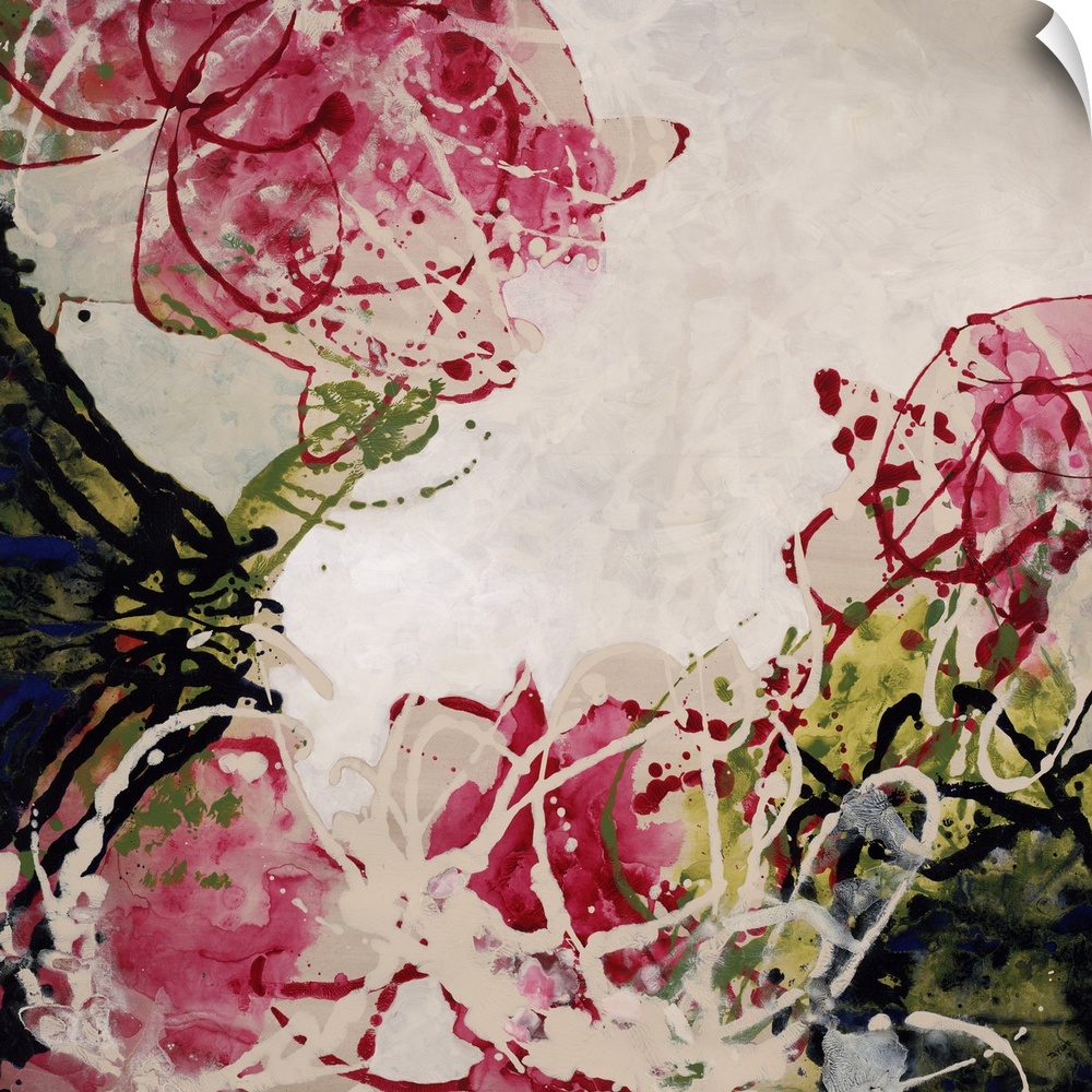 Abstract painting of a cluster of rose blossoms and their leaves, painted with swirls of dripping paint on a light, neutra...