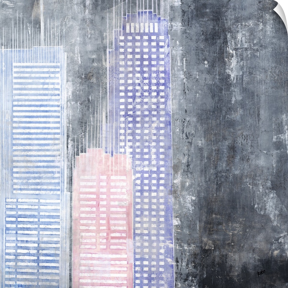 Square abstract with pastel colored buildings on a black, gray, and white rugged background.