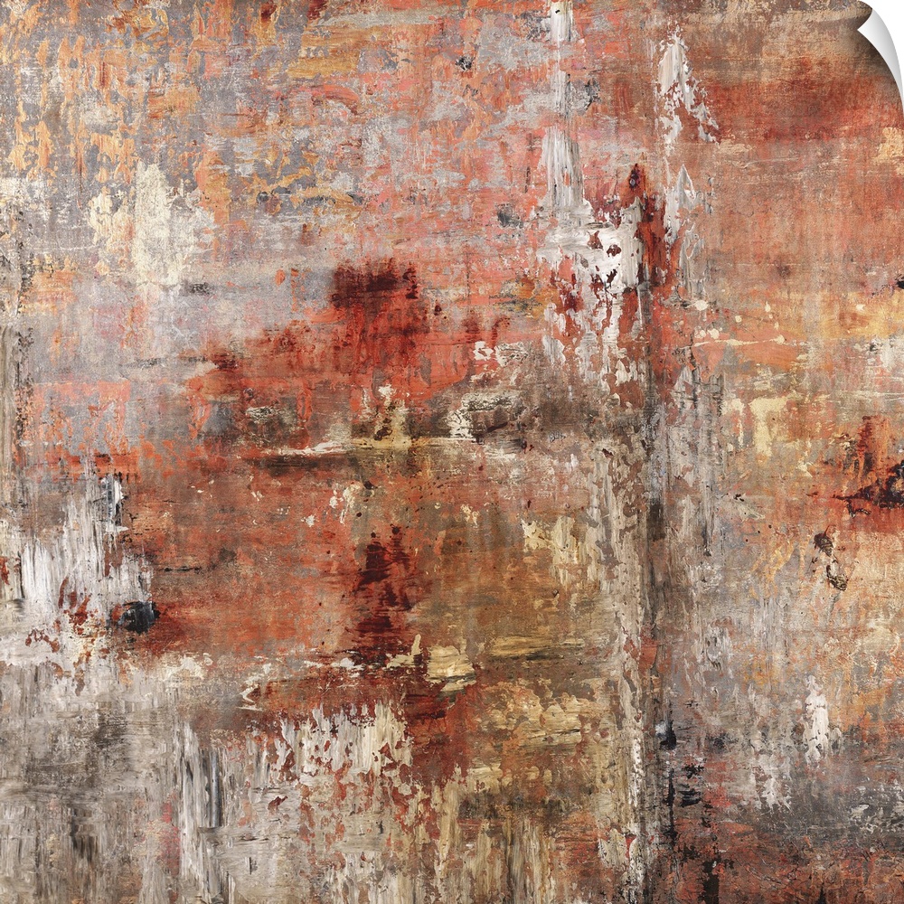Contemporary abstract painting in rusty red and brown tones.