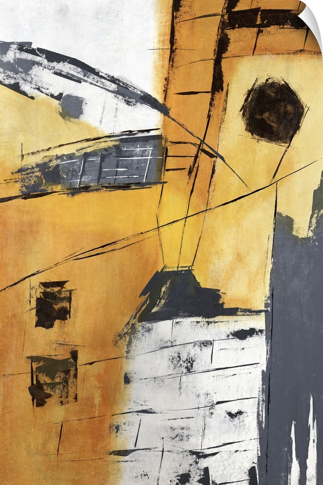Abstract painting in colors of yellow, gray and orange.