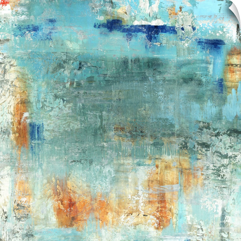 Square abstract painting in shades of blue and pops of burnt orange on a gray and white textured background.