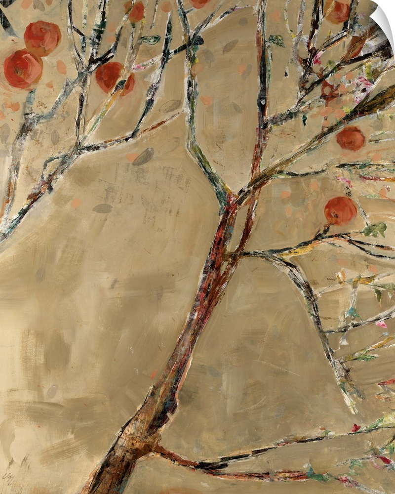 Abstract painting on canvas of tree limbs with fruit growing on them.