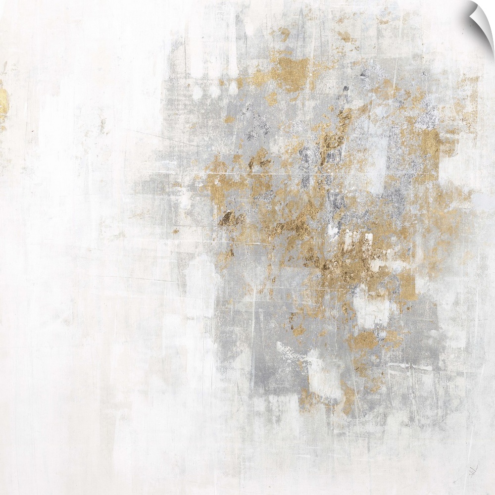 Square abstract art with a cool toned silver and white background and metallic gold on top.