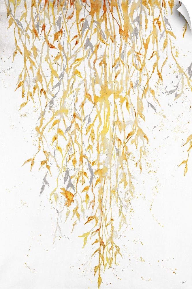 Contemporary painting of hanging golden leafy vines.