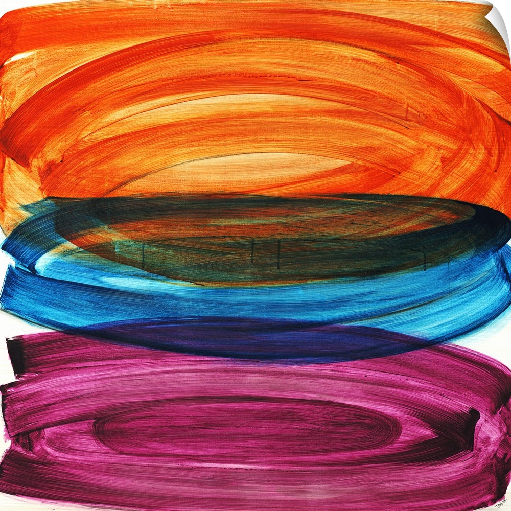 Abstract painting of three large oval shapes that are vertically stacked, each in a different color and painted with thick...