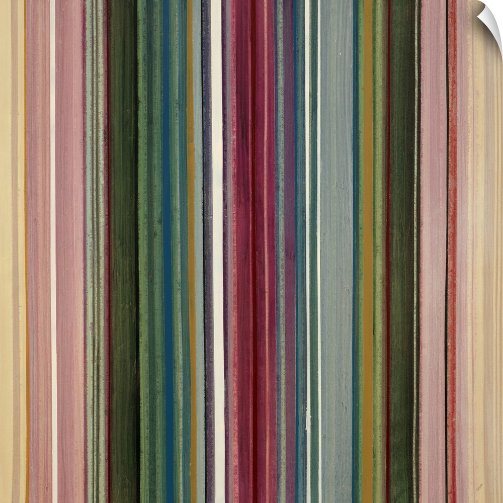 Modern painting of many vertical stripes, side by side and in various colors and thicknesses.