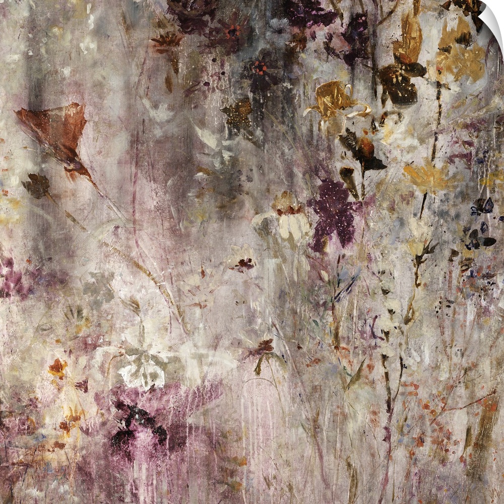 Abstract painting of various florals and stems in warm and golden tones, scattered and overlapping a neutral background.