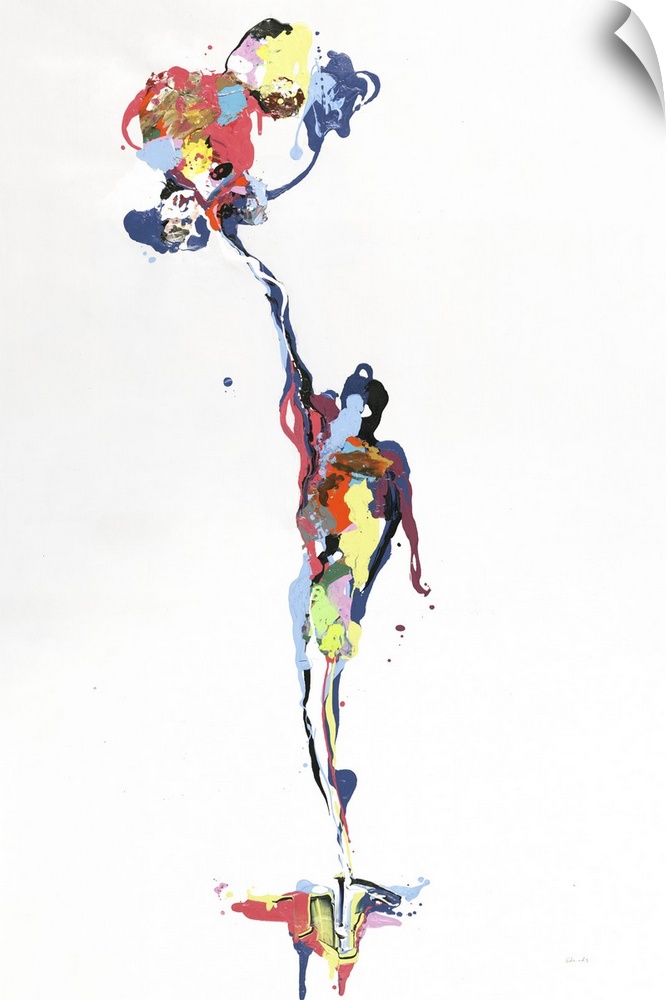 Colorful abstract painting resembling a figure floating up off the ground with a cluster of balloons in its hand.